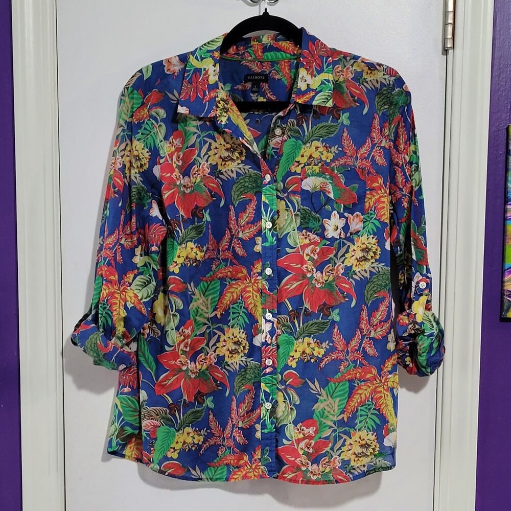 TALBOTS WOMENS TROPICAL PRINT COTTON BLOUSE SHIRT EUC L - Picture 5 of 9